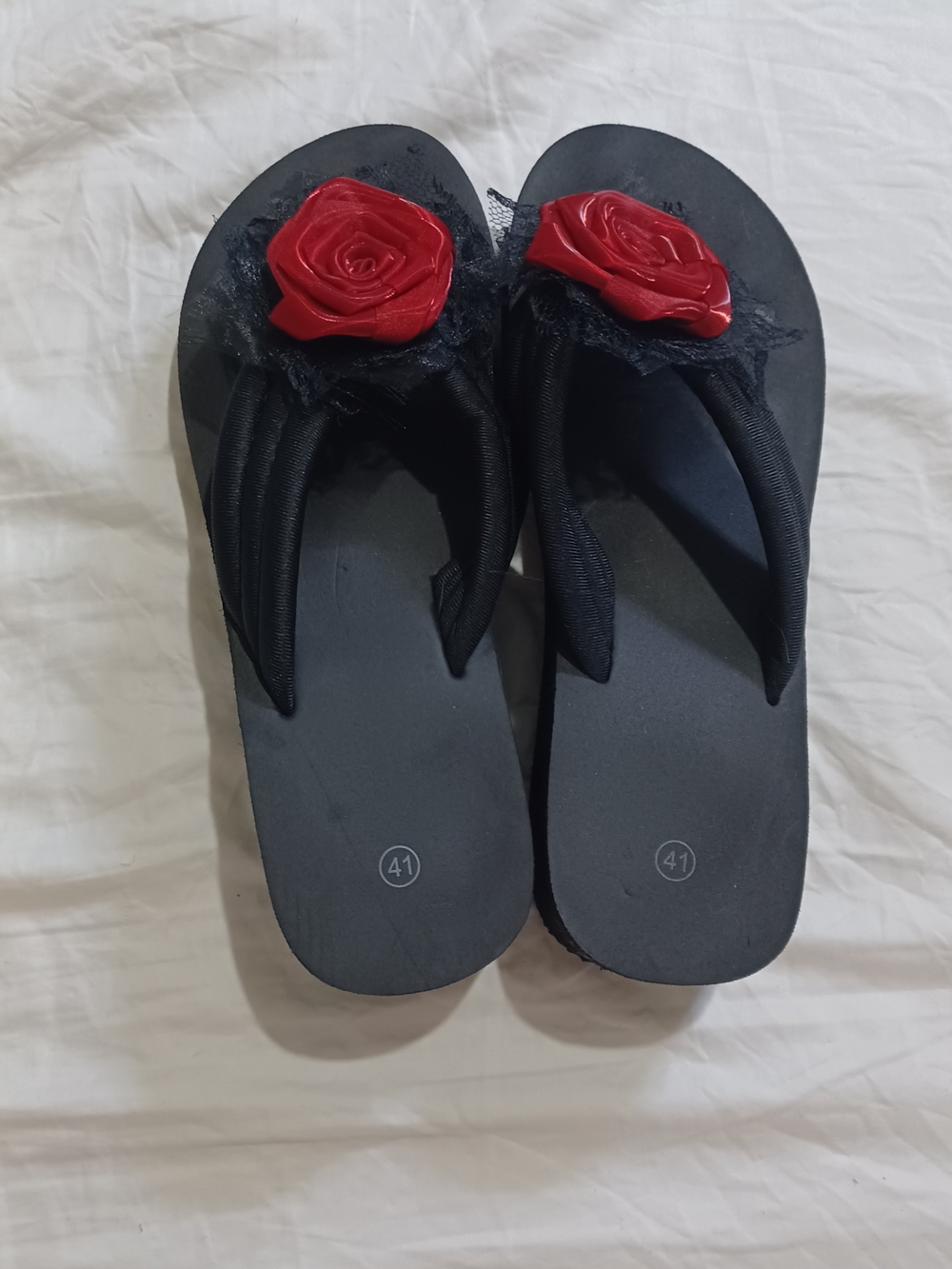 Black Women’s Flip Flop Sandals with Red Rose Accent